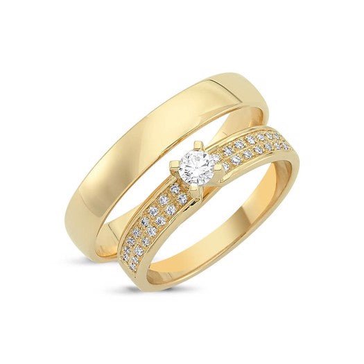 Unikke Nuran Sweet Love vielsesringe i 14 kt guld med 33 diamanter på 0,31 ct – sæt med damering og herreblanding.